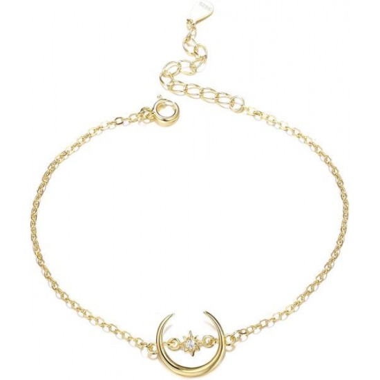 14K Gold Plated Moon Bracelet 925 Sterling Silver Crescent Moon Star Charm Bracelet Gift For Women 14K Gold Plated Moon Bracelet 925 Sterling Silver Crescent Moon Star Charm Bracelet Gift For Women